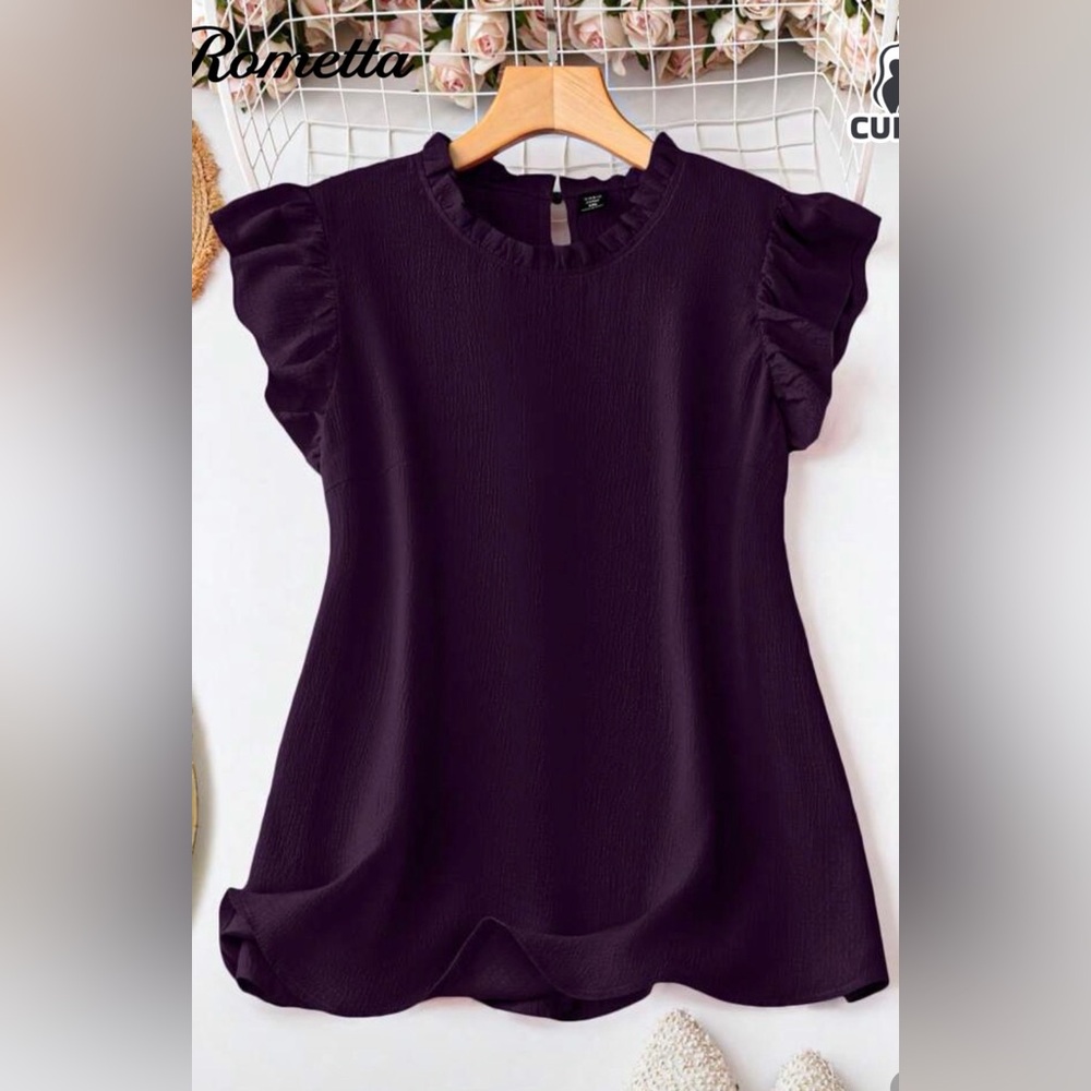 Women's Summer Solid Color Frill Trim Round Neck Cap Sleeve Casual Blouse